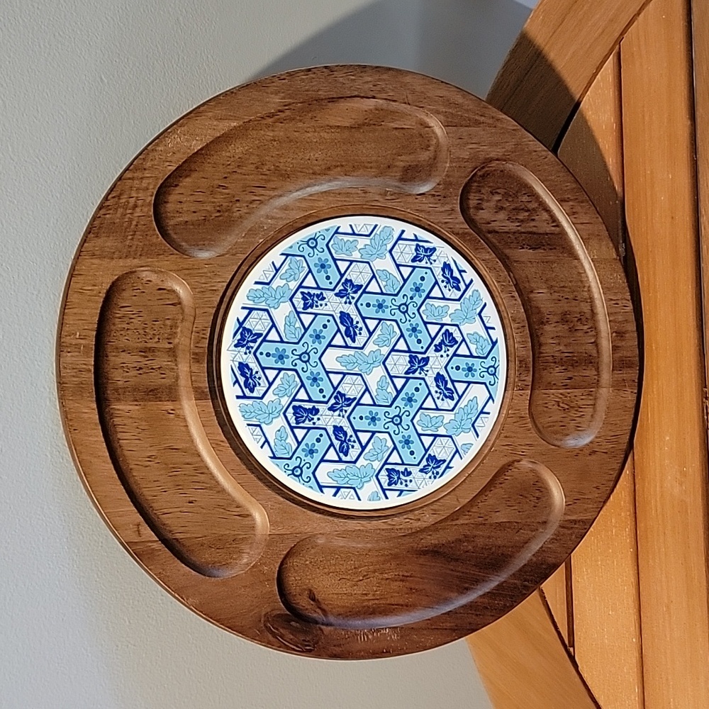 Vintage Gail Craft MCM‎ Wood Blue Porcelain Cheese Charcuterie Board